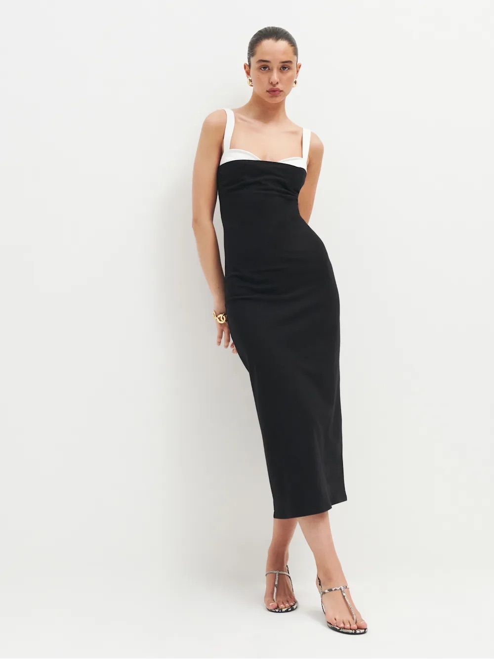 Reformation Black Midi Dress with White Straps
